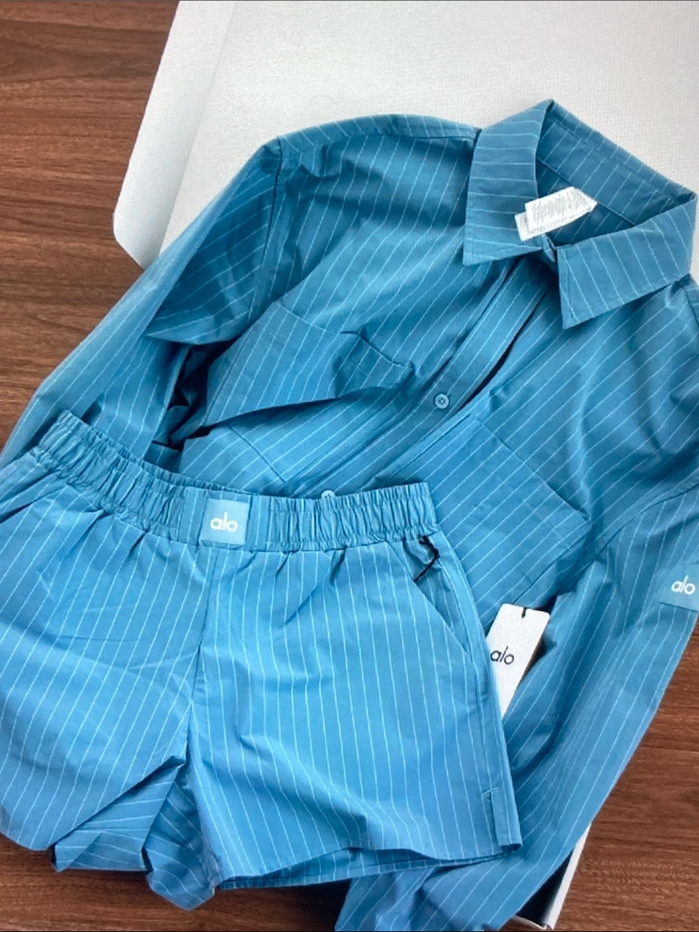 ALO Yoga Teal Pinstripe Button-Down Top and Elastic-Waist Shorts Set